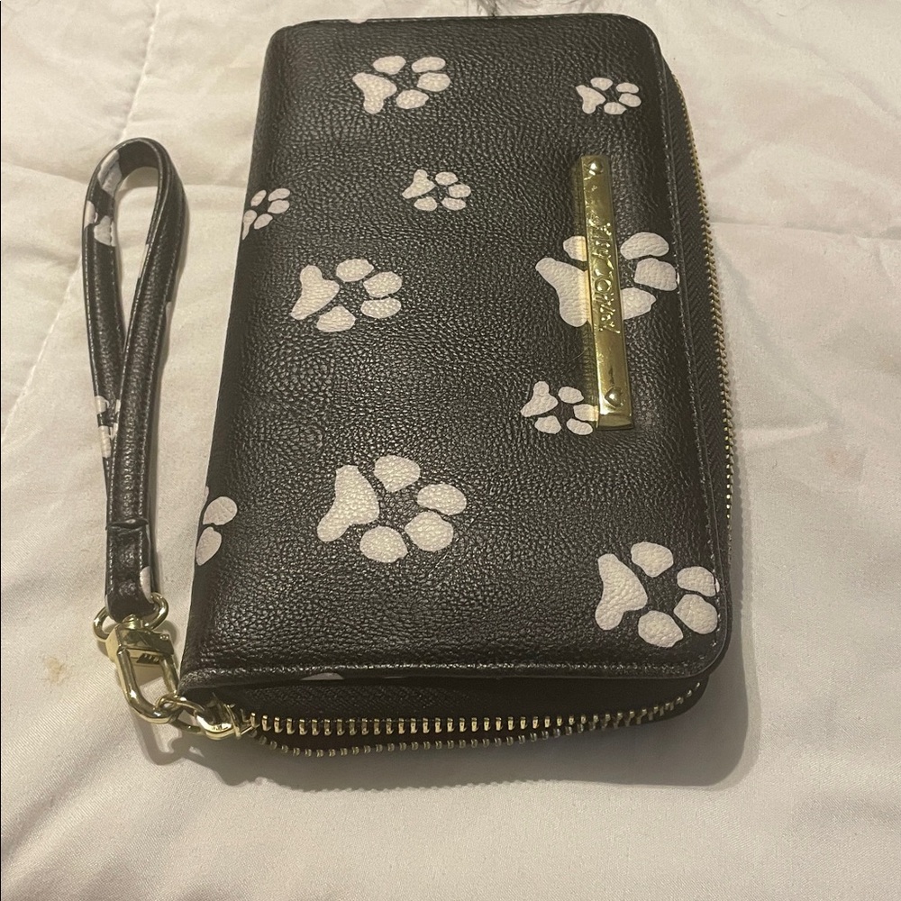 Betsey Johnson Black Faux Leather Wallet — White Paw Print Pattern - Picture 2 of 5